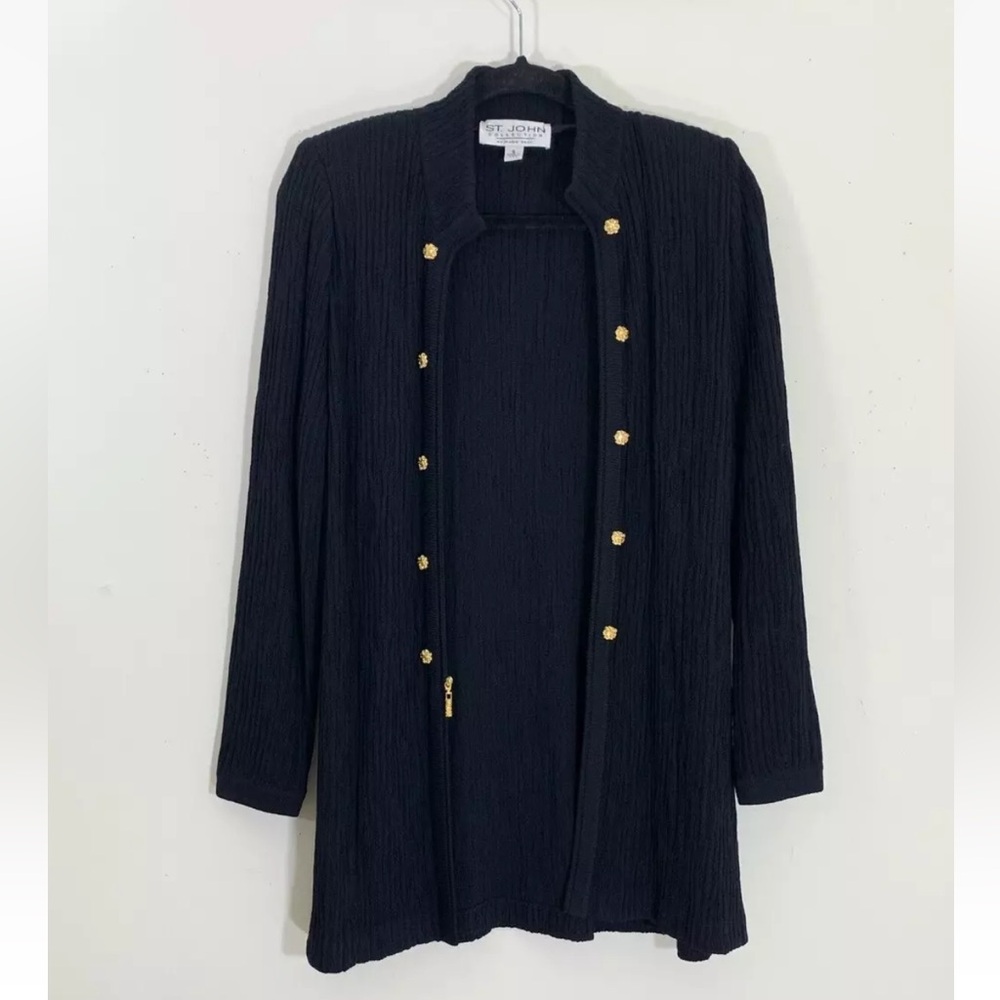 St. John Collection Black Knit Jacket Decorative Buttons Front Zip Up Size-6